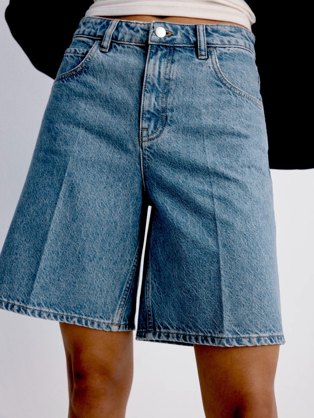 High-Waist Denim Bermuda Shorts